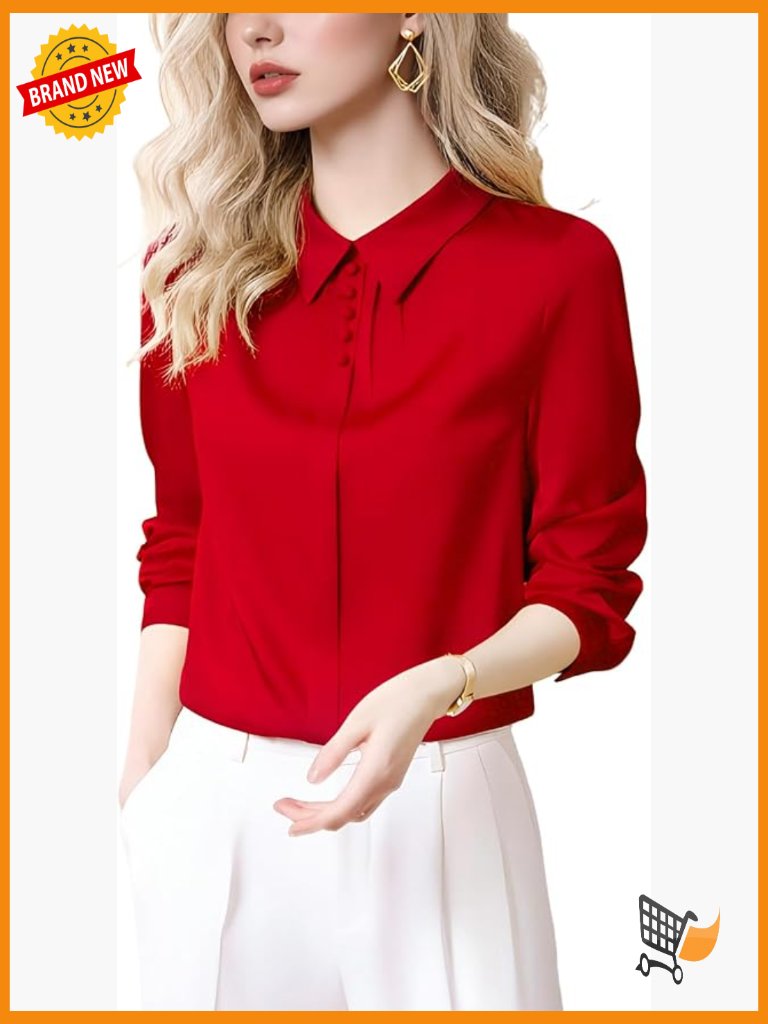 Silk Button Down Blouse Long Sleeve Lapel Collar Business Work Shirt